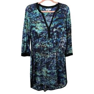 Parker Dress Womens Large Blue Mini Silk Floral 3/4 Sleeve Boho Artsy‎ Cocktail